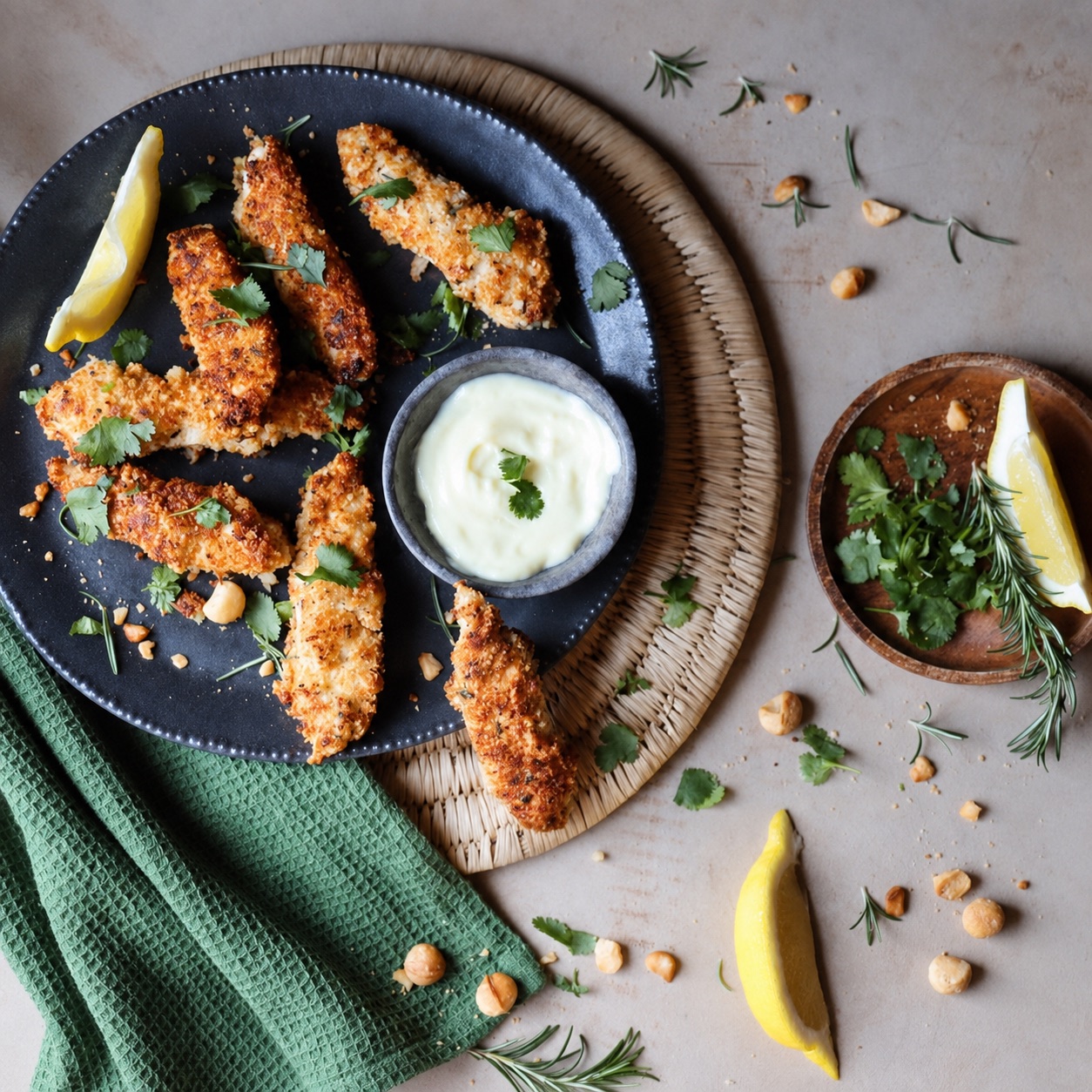 Macadamia crusted chicken strips on a dark plate with aioli, lemon and fresh herbs.