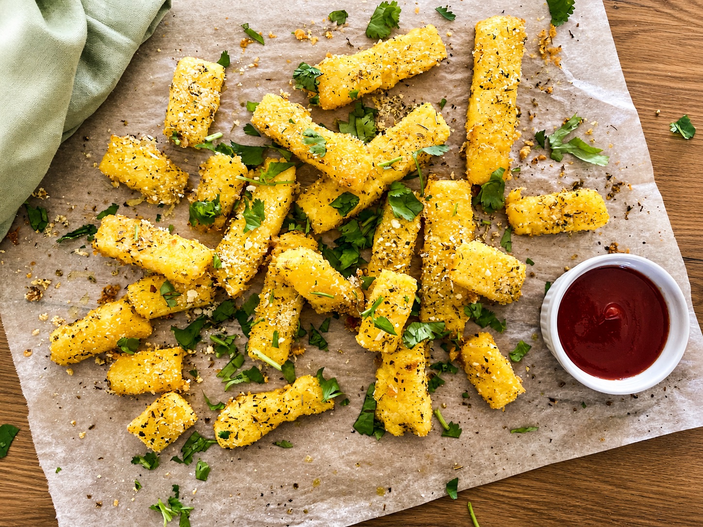 Crispy herbed polenta chips scattered on baking paper with a pot of tomato dipping sauce.