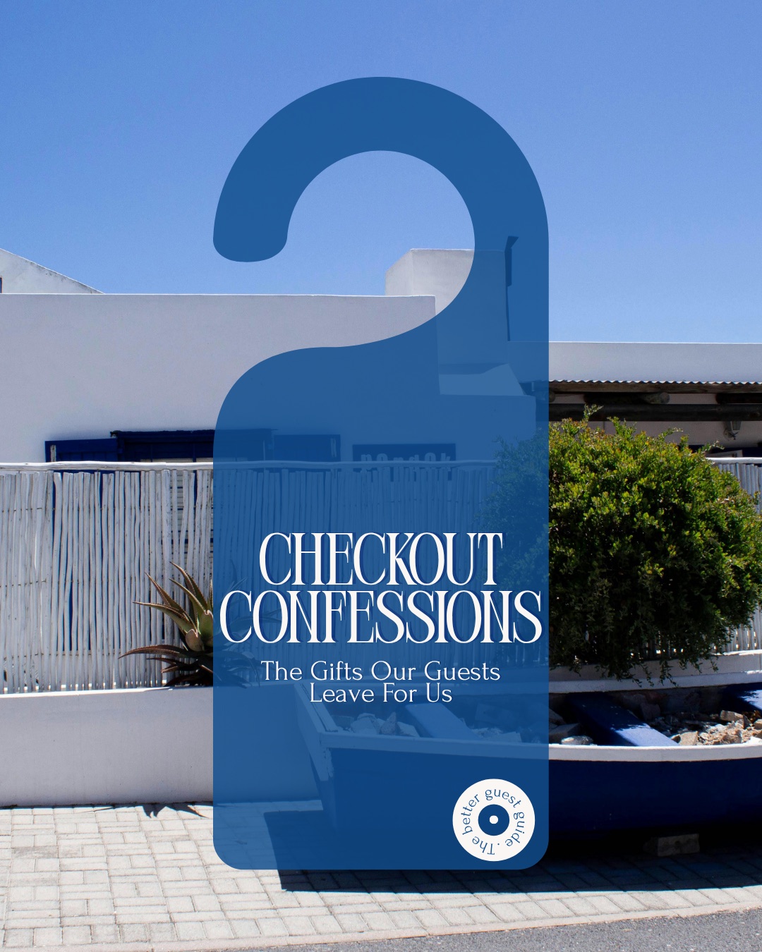 "Checkout Confessions" social series graphic with a door hanger over a whitewashed Cape Town property.