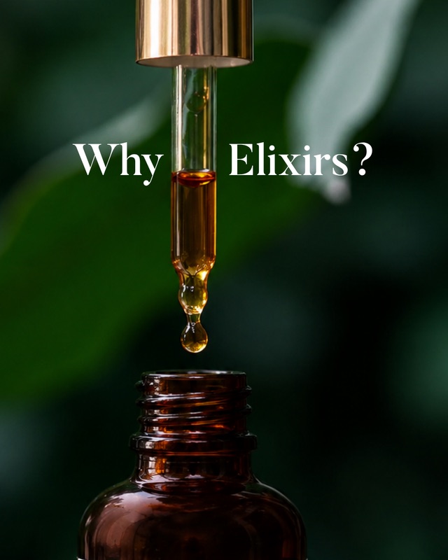 Educational campaign graphic of a dropper releasing golden elixir above a bottle, titled "Why Elixirs?".